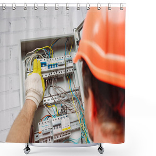 Personality  Selective Focus Of Electrician Turning On Toggle Switches Of Electrical Distribution Box Shower Curtains