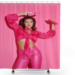 Personality  Attractive Doll Like Woman In Crop Top And Pink Pants Standing With Headphones And Shiny Purse Shower Curtains