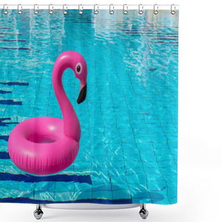 Personality  Summer Holiday Poster. Pink Inflatable Flamingo In Pool Water For Summer Beach Background. Funny Bird Toy For Kids Shower Curtains