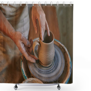 Personality  Cropped Image Of Professional Potter Working On Pottery Wheel At Workshop Shower Curtains
