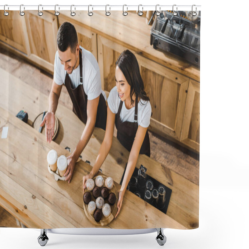 Personality  Attractive Cashier And Handsome Barista Offering Cupcakes And Coffee In Paper Cups Behind Wooden Bar Counter In Coffee House Shower Curtains