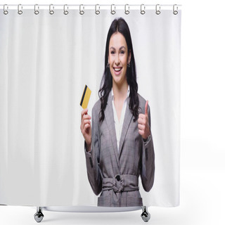 Personality  Positive Manager Holding Credit Card And Showing Thumb Up Isolated On White  Shower Curtains