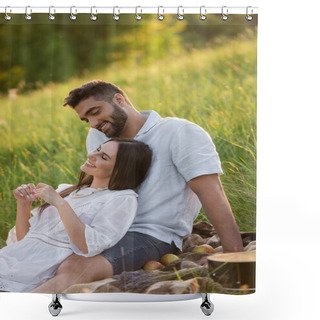 Personality  Bearded Man Looking At Happy Woman Smiling With Closed Eyes On Green Lawn Shower Curtains