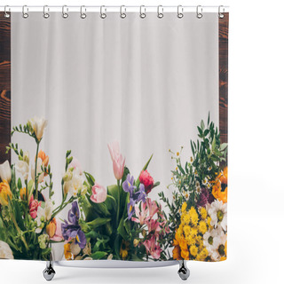 Personality  Top View Of White Empty Sheet Of Paper With Colored Flowers On Wooden Table Shower Curtains