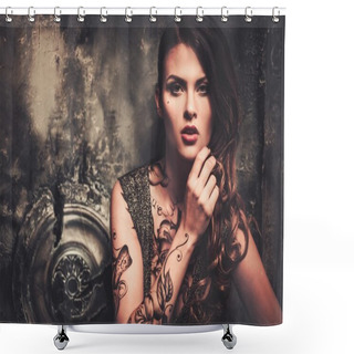Personality  Tattooed Woman In Old Spooky Interior Shower Curtains