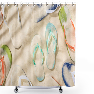 Personality  Top View Of Scattered Turquoise, Orange, Blue And Green Flip Flops On Sand Shower Curtains