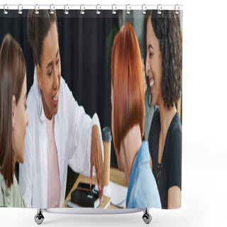 Personality  Overjoyed African American Woman Pointing With Hand During Communication With Multicultural Female Friends Near Notebooks And Takeaway Drink In Women Club, Friendly Atmosphere, Banner Shower Curtains