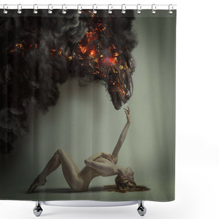 Personality  Duality And Danger Concept, Classic Ballet Dancer Lying Down With Elegant And Delicate Poses And A Fiery Monster Over In Menacing Pose, Halloween Shower Curtains