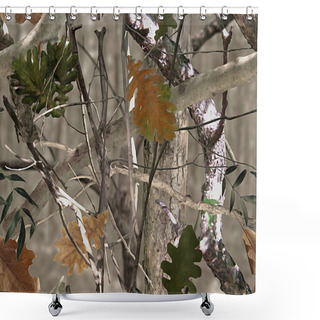 Personality  Realistic Forest Camouflage. Seamless Pattern. Tree, Branches, Green And Brown Oak Leaves. Useable For Hunting And Military Purposes.                        Shower Curtains