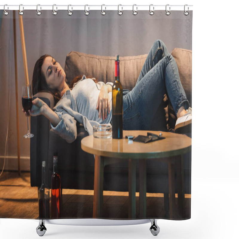 Personality  Drunk Woman Lying On Sofa With Glass Of Wine Near Bottles On Floor And Table  Shower Curtains