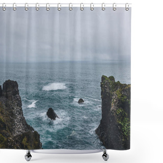 Personality  Aerial View Of Cliffs In Front Of Blue Ocean In Arnarstapi, Iceland On Cloudy Day Shower Curtains