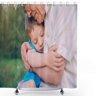 Personality  Happy Grandson Hugging To His Grandfather Outdoors Shower Curtains
