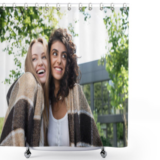 Personality  Happy Lesbian Couple Covered In Blanket Laughing Outside Shower Curtains