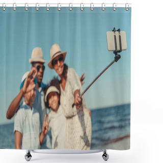 Personality  Family Taking Selfie At Seaside   Shower Curtains