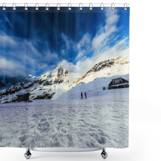 Personality  Tranquil Mountains Landscape Under Blue Sky With Tourists Walking On Snow, Austria Shower Curtains