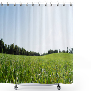 Personality  Panoramic Shot Of Green Grass Near Trees Against Sky In Park  Shower Curtains