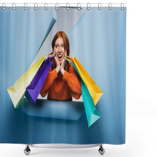 Personality  Excited Redhead Woman Holding Colorful Shopping Bags On Blue Ripped Paper Background  Shower Curtains