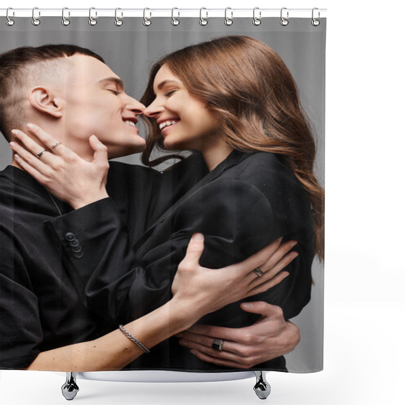 Personality  A Man And A Woman, A Young Couple, Embracing Each Other In A Loving Gesture Against A Grey Background. Shower Curtains