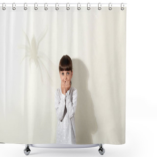 Personality  Arachnophobia. Scared Little Girl With Dark Hair And Shadow Of Spider On Wall, Small Kid Looking Directly At Camera With Big Frightened Eyes And Biting Her Fingernails, Dresses Casually. Shower Curtains