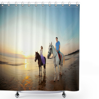 Personality  Two Riders On Horseback At Sunset On The Beach. Lovers Ride Hors Shower Curtains