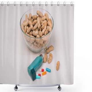 Personality  Glass Bowl With Tasty Peanuts Near Blue Inhaler And Pills On Grey  Shower Curtains