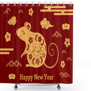 Personality  2020 Chinese New Year Greeting Card With Rat And Clouds With Flowers On Red Background. Concept For Holiday Banner  Shower Curtains