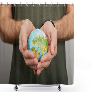 Personality  Man Holding Planet Model On Grey Background, Earth Day Concept Shower Curtains