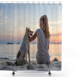 Personality  Young Woman With Dog Sitting On The Beach And Watching The Sunset Shower Curtains
