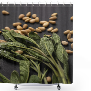 Personality  Close Up View Of Green Sage And Pine Nuts On Black Background Shower Curtains