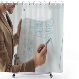 Personality  Cropped View Of Designer Sketching Layouts Of Ux App Interface On Whiteboard In Office Shower Curtains