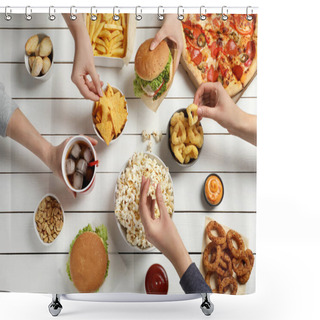 Personality  Friends Eating Burger, Popcorn And Other Fast Food At White Wooden Table, Top View Shower Curtains