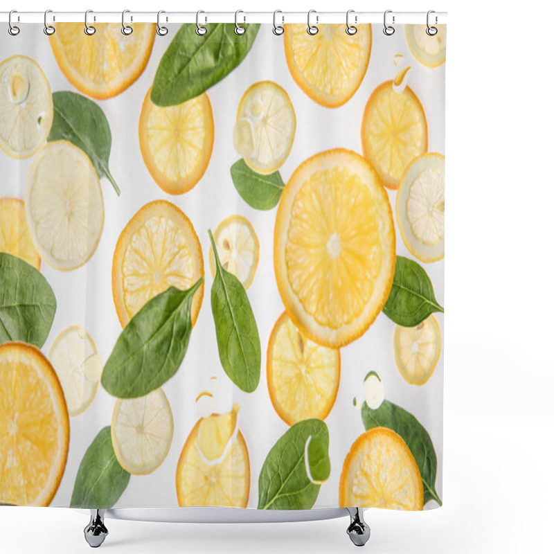 Personality  Bright Orange And Lemon Slices With Green Spinach Leaves On Grey Background Shower Curtains