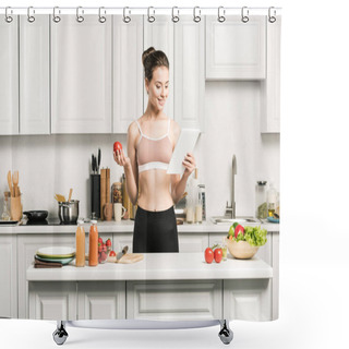 Personality  Attractive Girl In Sport Bra Reading Recipe For Cooking On Tablet In Kitchen Shower Curtains