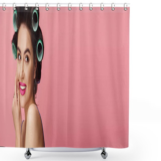 Personality  A Woman Adorned With A Multitude Of Curlers On Her Head. Shower Curtains