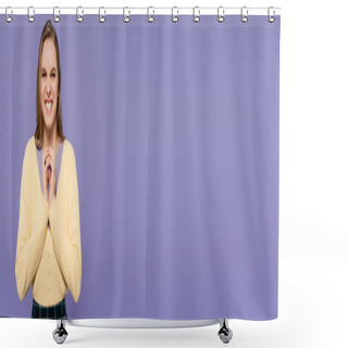 Personality  Sly Young Woman Grinning And Gesturing Isolated On Purple, Banner Shower Curtains