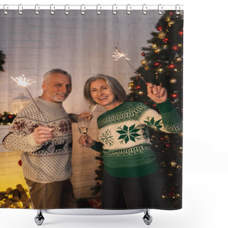 Personality  Joyful Middle Aged Couple In Festive Sweaters Holding Sparklers And Glasses Of Champagne On Christmas Eve Shower Curtains