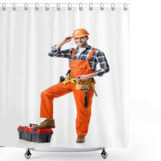 Personality  Smiling Handyman In Orange Overall And Hard Hat Leaning On Tool Box Isolated On White Shower Curtains