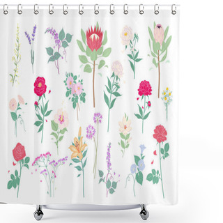 Personality  Set Of Wild Meadow And Garden Flowers Isolated On White Background. Simple Blooming Flowers In Flat Cartoon Style. Decorative Floral Design Elements Collection. Vector Botanical Illustration. Shower Curtains
