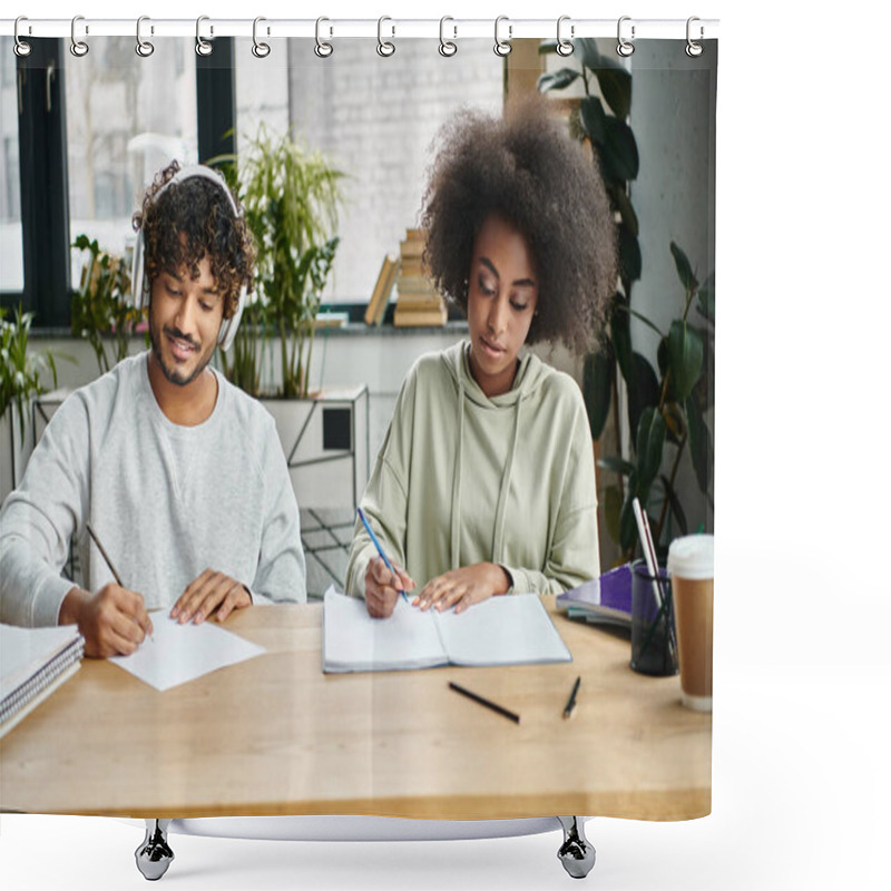 Personality  Diverse Couple Studies Together At A Table, Using Laptops And Books In A Modern Coworking Space Indoors. Shower Curtains