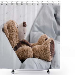 Personality  Brown Teddy Bear Lying On Grey Blanket In Room Shower Curtains