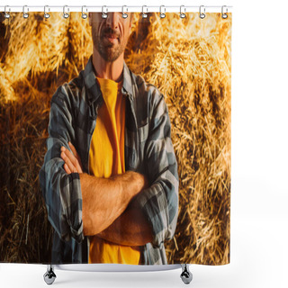 Personality  Cropped View Of Farmer In Plaid Shirt Standing With Crossed Arms Near Hay Stack On Farm Shower Curtains