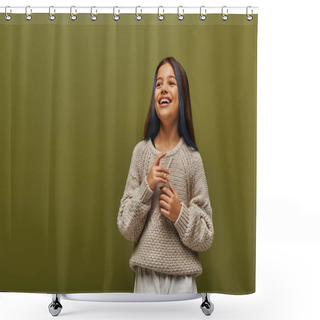 Personality  Happy And Trendy Brunette Preteen Girl With Dyed Strands Of Hair Wearing Modern Knitted Sweater And Looking Away While Standing Isolated On Green, Contemporary Fashion For Preteen Concept Shower Curtains
