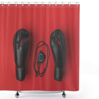 Personality  Top View Of Boxing Gloves With Stopwatch On Red Tabletop Shower Curtains