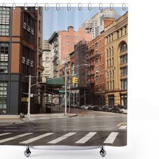 Personality  New York Street With Modern And Vintage Buildings Near Traffic Intersection With Pedestrian Crossing Shower Curtains