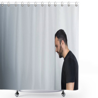 Personality  Handsome Depressed Man Standing By White Wall With Closed Eyes Shower Curtains