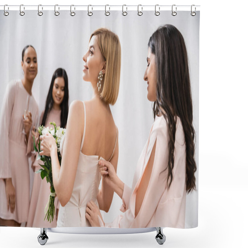 Personality  Wedding Preparations, Bridesmaid Zipping Wedding Dress Of Blonde Bride, Interracial Women On Blurred Grey Background, Racial Diversity, Fashion, Brunette And Blonde Women, Bridal Bouquet  Shower Curtains