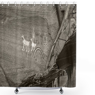 Personality  Monochrome Black And White Old Anasazi Petroglyphs Representing Humans And Animals Painted On A Sandstone Cliff Of The Canyon De Chelly National Monument, Chinle, Arizona, USA. Shower Curtains