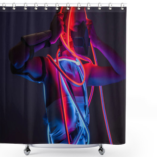 Personality  Futuristic African American Woman In Respirator And Neon Lighting Shower Curtains