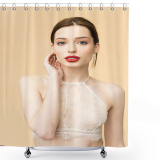 Personality  Attractive Young Woman Looking At Camera Isolated On Beige  Shower Curtains