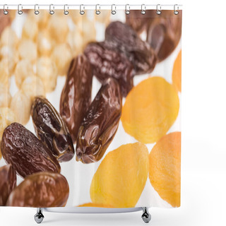 Personality  Close Up View Of Dried Apricots, Dates And Hazelnut Isolated On White Shower Curtains